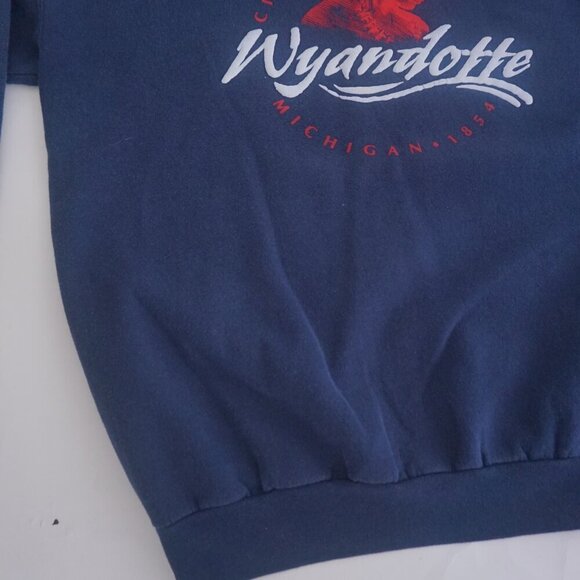 Vintage '90S Puff Print Wyandotte City Navy Crewneck Sweater Large By Hanes - Picture 6 of 10